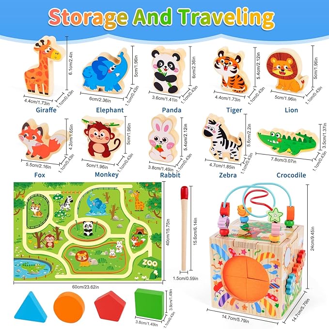 Wooden Activity Cube | Montessori Toys for 1-2 Year Old Toddlers | One Year Old 1st First Birthday Gift | Developmental Toys for 12 Months Baby Boys Girls | Bonus Sorting & Stacking Board (Blue)