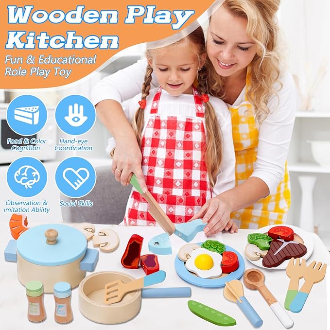 Play Kitchen Accessories, Wooden Play Cooking Set, Pretend Play Kitchen Set for Kids, Including Stove, Cookware Pots and Pans, Cooking Utensils Playset, Cutting Food Playset for Girls Boys Toddler