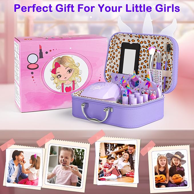 Kids Makeup Kit for Girl - 2 in 1 Kid Washable Makeup Toys & Nail Art Kit with Unicorn Cosmetic Case, Play Makeup for Girls, Real Girl Make up Sets for Christmas Birthday Gifts Toys for 3-12 Year