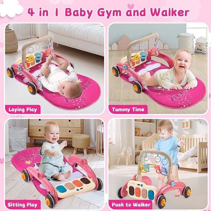 Baby Play Gym Walker Kick and Play Piano Gym for Boys Girls Play Mat Musical Tummy Time Mat Infant Christmas Newborn Gifts Toddlers (Fox Upgraded)
