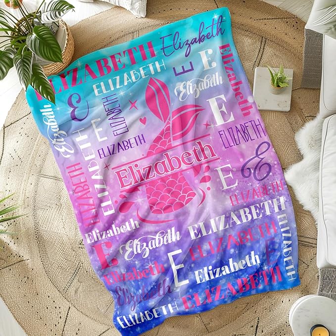 Mermaid Gifts, Personalized Girls Throw Blanket with Name for Kids 4-6, Custom Monogram Blankets for Daughter Niece Toddler, Mermaid Stuff Themed Throws for Cars Travel Camping Party Decor