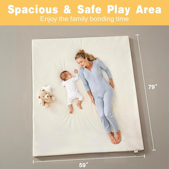 Padded 79" ×59" Large Baby Play Mat for Floor, 1.2" Thick Memory Foam Playmat with Soft Vegan Leather Cover, Cushioned Play Mat for 79" x59" Playpens, Beige
