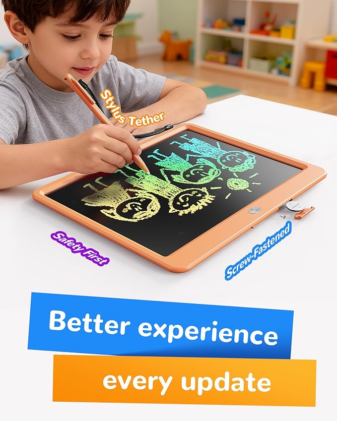 KOKODI LCD Writing Tablet, 12 Inch Colorful Toddler Doodle Board Drawing Tablet, Erasable Reusable Electronic Drawing Pads, Educational and Learning Toy for 3-6 Years Old Boy and Girls(Orange)