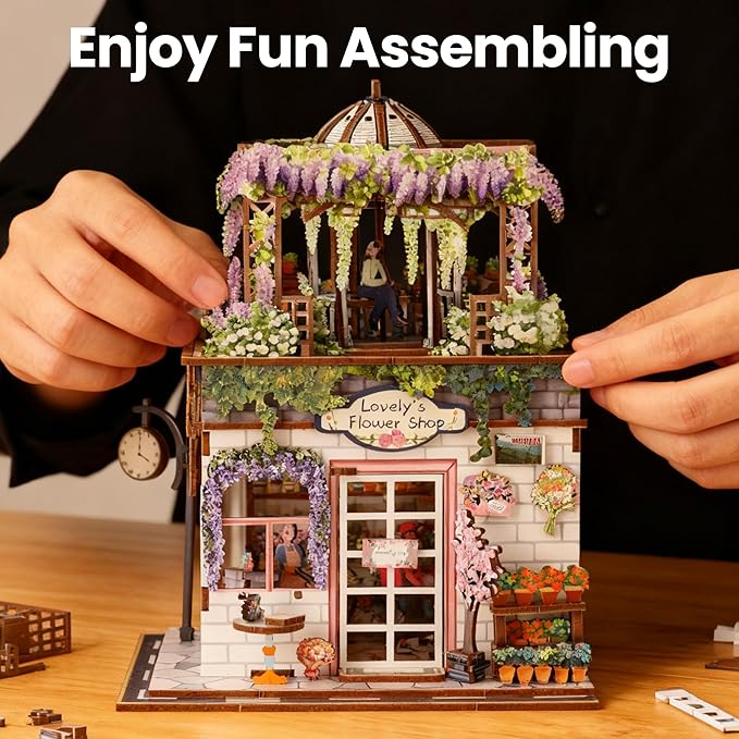 Book Nook Kit - DIY Miniature House Kit for Adults, Dollhouse Booknook Tiny House Bookshelf Decor 3D Wooden Puzzle Street Model, Ideal Gift for Book Lovers, Family, Friends (Flower Shop)