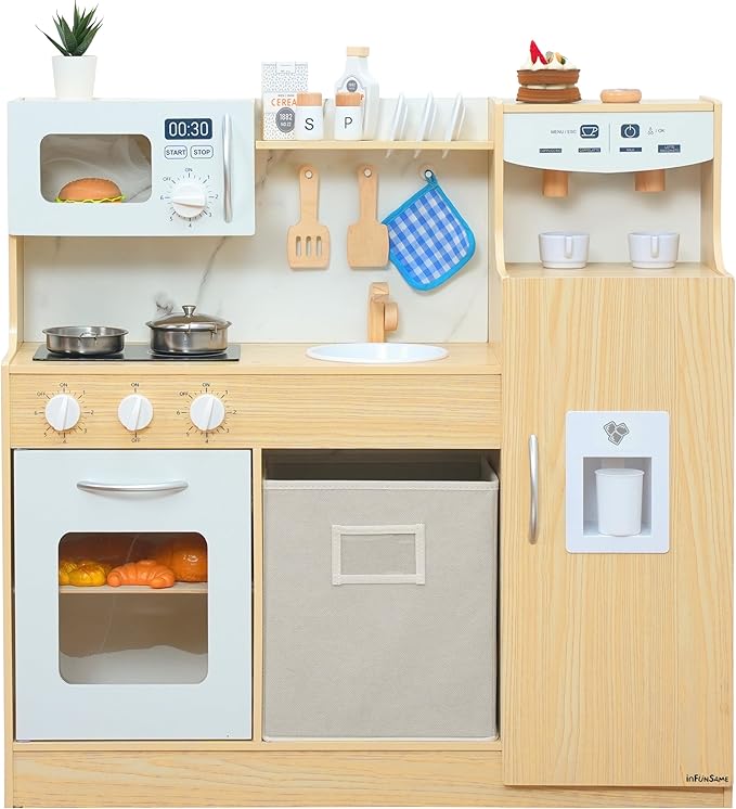 Wooden Play Kitchen set for Toddlers and Kids with Storage System,Ice Maker,Fridge,Coffee Machine,Oven,Microwave,Pretend Kitchen set for Small Spaces, Toy Kitchen Gift for Boys and Girls 3-5