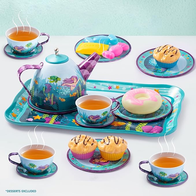 JOYIN Mermaid Tea Party Set for Little Girls, Pretend Tin Teapot Set, Princess Tea Time Play Kitchen Toy with Teapot, Cups, Plates, Carrying Case for Christmas Birthday Gifts Kids Toddlers Age 3 4 5 6