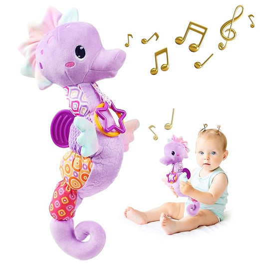 Sumobaby Infant Baby Musical Stuffed Animal Activity Soft Toys with Multi-Sensory Crinkle, Rattle and Textures, for Tummy Time Newborn 0-3-6-12 Months Boys, Girls, Seahorses, Purple