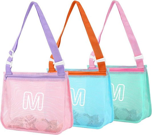 3Pcs Personalized Kids Beach Shell Bag, Initial Seashell Mesh Zipper Beach Pouch, Shell Collecting Bag for Holding Shells with Adjustable Straps, Sand Toys Swim Pouch Gift for Girl Boy Teens(Letter M)