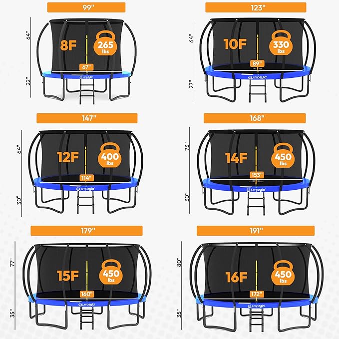 JUMPZYLLA Trampoline Outdoor 8FT 10FT 12FT 14FT 15FT 16FT with Enclosure and Ladder, ASTM Approved Recreational Trampoline for Kids and Adults, Anti-Rust Coated Frame