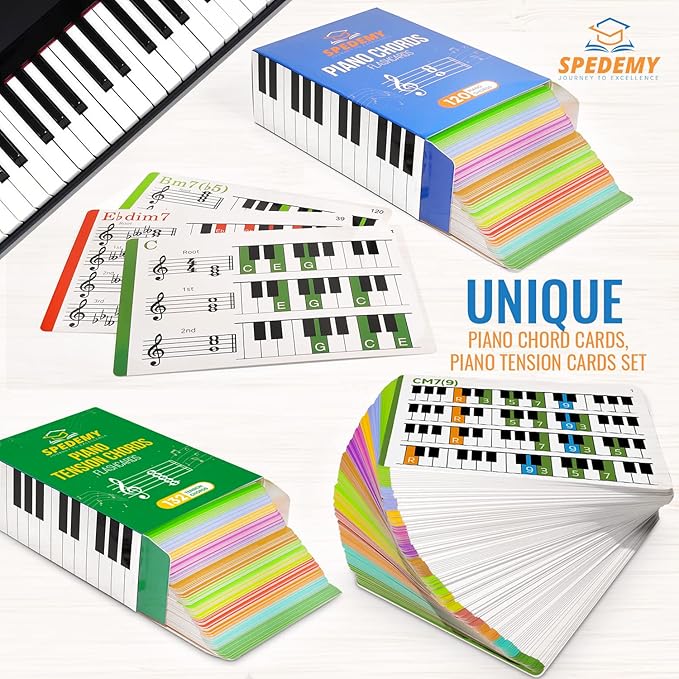 Spedemy Piano Tension Chord Flashcards Set in Gift Box - Piano Chords Chart - ColorCoded Flash Cards for 252 Chords - 21 Frequent Chords, 12 Keys - Fun Educational Flashcards for Piano, Music Learners