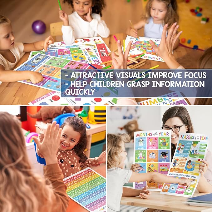 BEAWART 18 Laminated Educational Posters For Toddlers, Preschool Posters for Classroom, Kindergarten Wall Decor, PreK Learning Materials Alphabet Number Chart