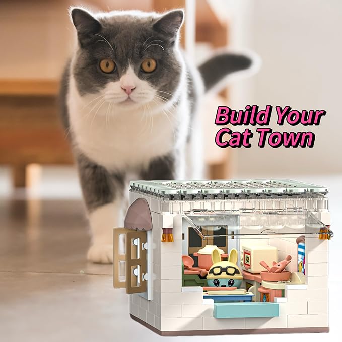 Koko's Cat Town DIY Miniature House Kit,Tiny House Kitchen Building Kit,Purrfect Dollhouse with 256PCS,Cat Toys Gift for Teens Kids Ages 3+ 3+,Dollhouse for 3 and up