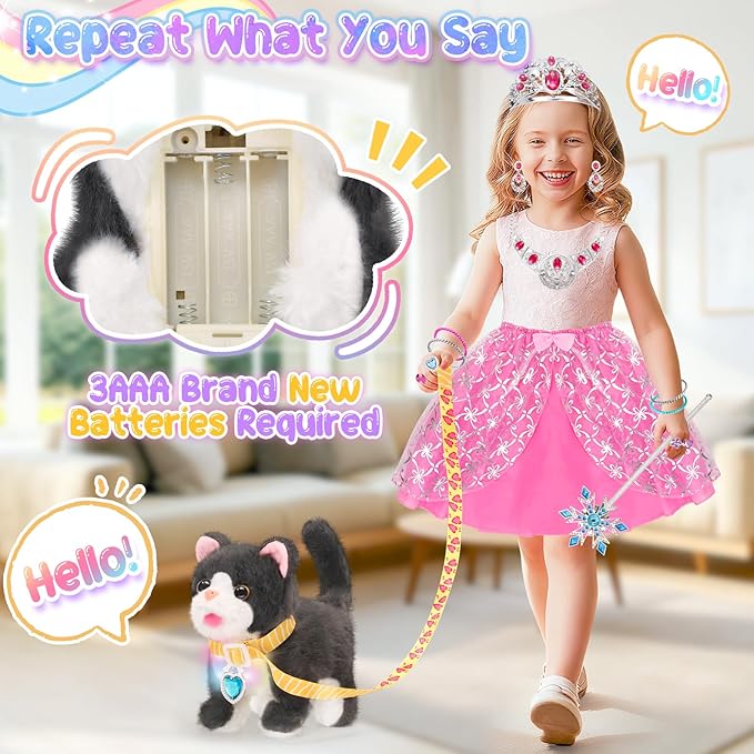 Tagitary Plush Cat Toy Can Repeats What You Say,Stuffed Interactive Cat Talking Musical Toys with Princess Pretend Jewelry Toy, Kids Dress Up Play Set Christmas Birthday Gift Party Favors for Toddlers