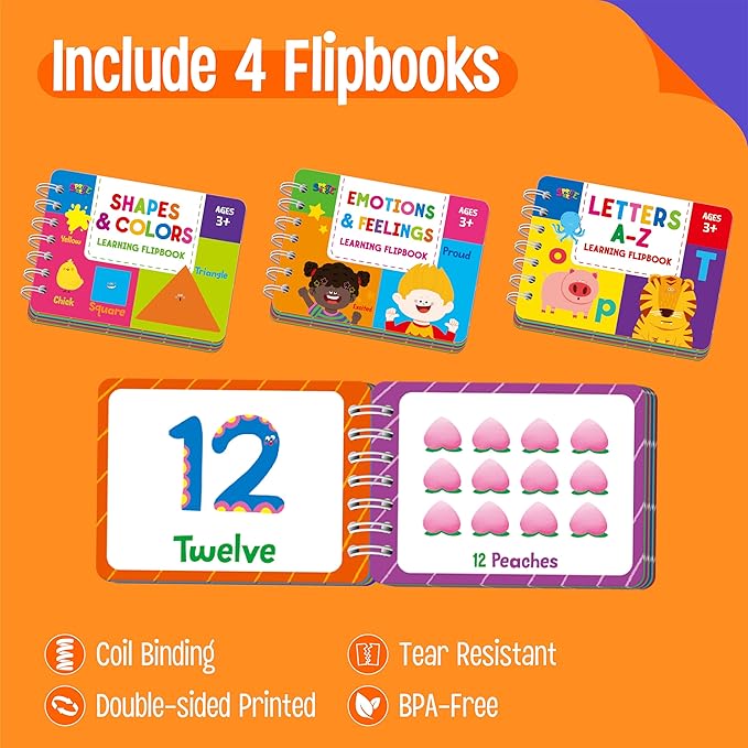 4 Preschool Learning Flipbooks, 96PCS Double Sided Printed Cards Set, Alphabet Letter A-Z, Number 1-20, Feelings and Emotions, Shapes and Colors Mini Board Books Set Early Educational Tool for Kids