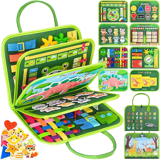 Busy Board Montessori Toys for 4 Years Old, Busy Books for Toddlers, Sensory Board Quiet Book Educational Activity Book for Toddlers 4-5, Toddler Travel Toys for Plane Car, Gifts for Boys Girl (Green)