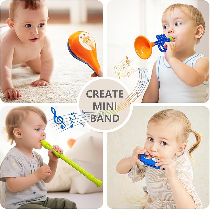 iPlay, iLearn Toddler Musical Instruments Toys, Kids Drum Set, Baby Trumpet, Percussion, Harmonica, Maraca, Flute, Tambourine, Birthday Gifts for 18 Months Olds Ages 2 3 4 5 Years Boys Girls Children