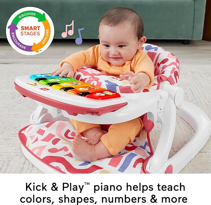 Fisher-Price Portable Baby Chair, Pink Kick & Play Deluxe Sit-Me-Up Seat with Piano Learning Toy & Snack Tray for Infants to Toddlers