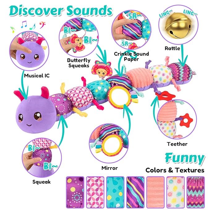 Baby Sensory Toys for 0-6 6-12 Months, Musical Stuffed Caterpillar Toy with Crinkle Rattle Mirror, Baby Essentials Infant Tummy Time Toys for 3 6 9 12 18 Months, Newborn Boys Girls Shower Gifts