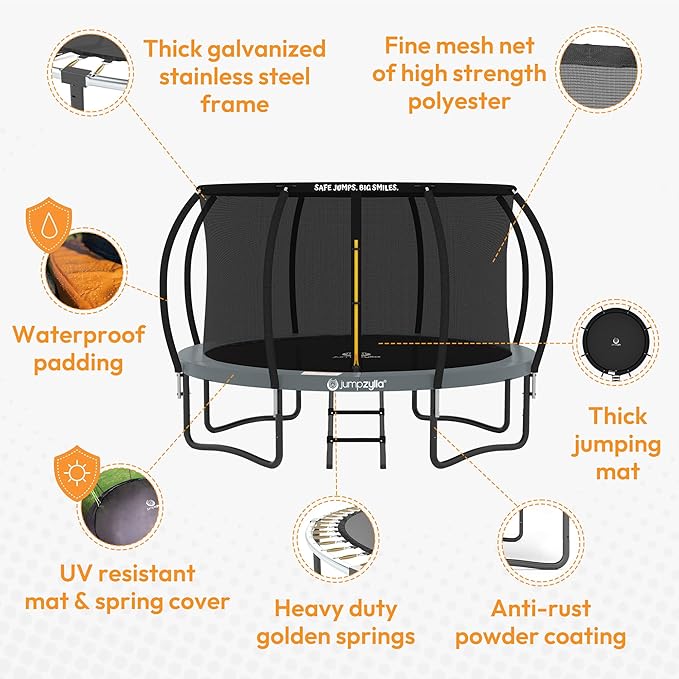 JUMPZYLLA Trampoline Outdoor 8FT 10FT 12FT 14FT 15FT 16FT with Enclosure and Ladder, ASTM Approved Recreational Trampoline for Kids and Adults, Anti-Rust Coated Frame