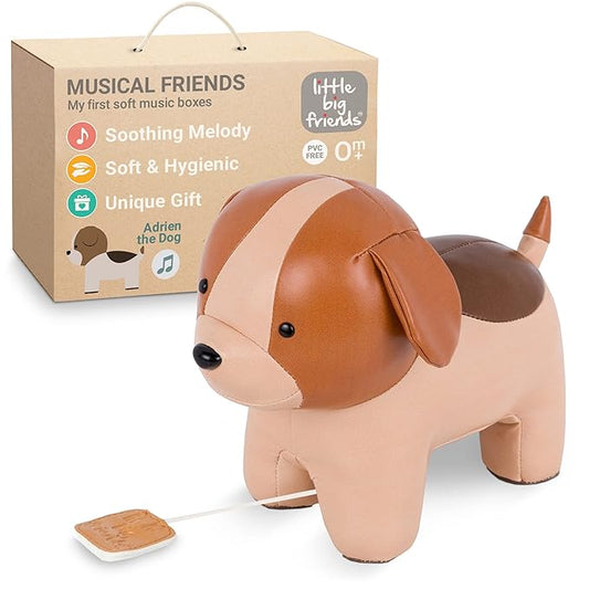 Little Big Friends Musical Baby Toy – Soft Plush Pull-String Cord Classical Toy for Baby & Toddlers | Soothing Stuffed Cuddly Animal Gift | Adrien The Dog