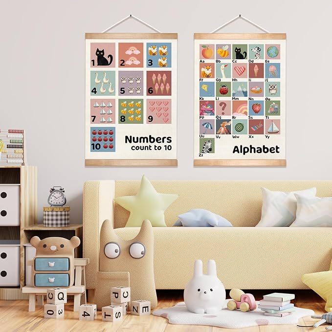 Kids Alphabet and Numbers Learning Posters Set of 2, Linen Canvas Educational Wall Art,Canvas Print Wall Hanging Posters, Cute Animal ABC 1-10 Numbers Charts for Nursery Playroom Preschool Classroom Decor, 18.5x14 Inch(Colorful-02)