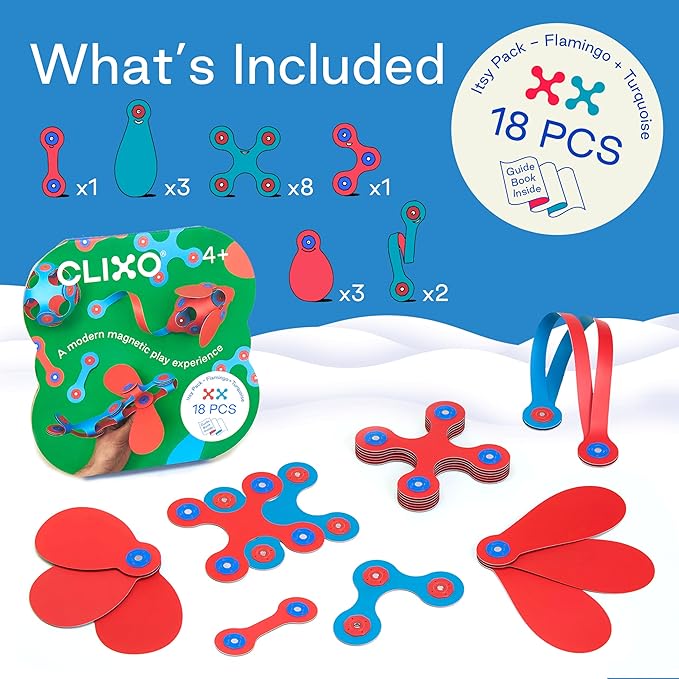 Clixo Itsy Magnetic Toy for Kids - Flexible, Durable, Imagination-Boosting Magnet Building Toy. Educational Multi-Sensory STEM Experience. Great as a Travel Game. Ages 4-99. 18 Piece Pack