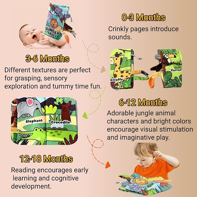 Soft Baby Books, Tummy Time Cloth Toys 0-6 Months Touch Feel Sensory Book Jungle Tails for Babies Girls 6 to 12 Month 0-3-4-5-6-7-8-9, Newborn Infant Boy Christmas Toy Gifts Stocking Stuffers