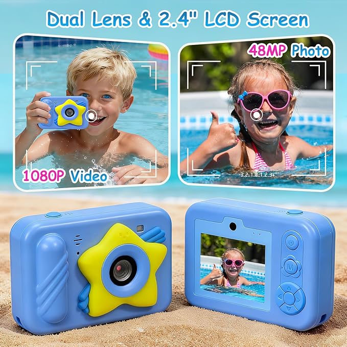 IP68 Waterproof Camera for Kids,Underwater Toys Camera with Dual Lens, 48MP 1080P Digital Camera with 32GB Card & 8X Zoom, Fun Birthday for Boys and Girls Ages 3-12 (Star, Blue)