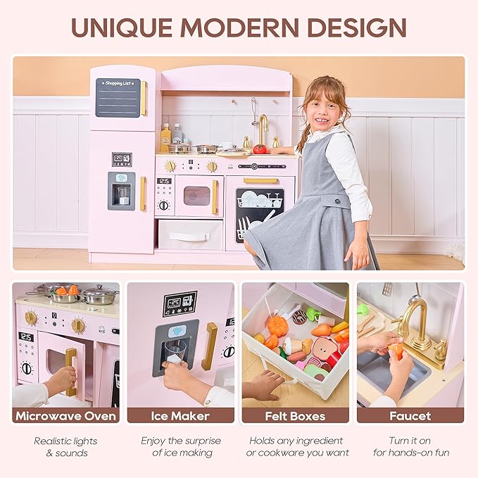 Play Kitchen Set for Kids, Wooden Kids Kitchen Playset with Real Lights & Sounds, Interactive Toy Kitchen with Felt Boxes for Storing Kitchen Utensils and Ice Maker Toy Accessories (Pale Pink)