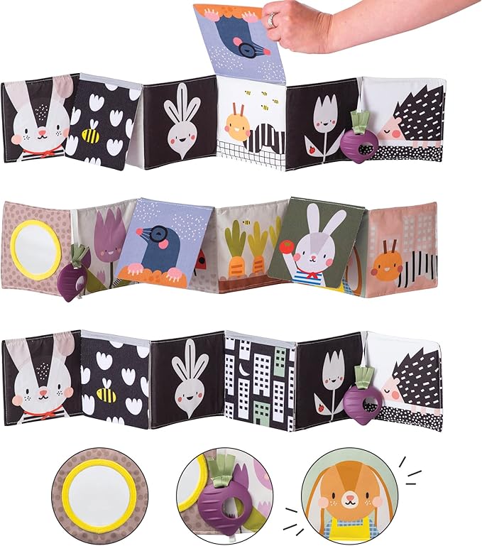 Taf Toys Urban Garden Soft Cloth Newborn Book, Crinkle Baby Book. High Contrast Sensory Toys. Early Education Activity Toy. Infant Tummy Time Toys. Multi-Sensory Textures and a Baby-Safe Mirror