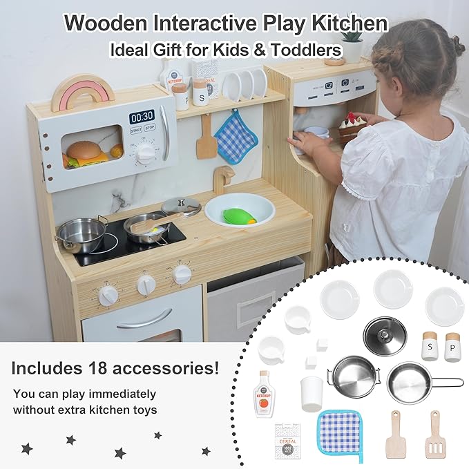 Wooden Play Kitchen for Kids, Kitchen Playset for Toddlers with Ice Maker,Storage Box, Sink, Oven, Microwave & Fridge and 17 Accessories, Educational Gifts for Boys and Girls Ages 3+