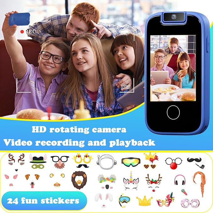 PTHTECHUS Kids Phone Toys for Girls Boys - Toddler Touchscreen MP3 Music Player with Dual Camera, Habit Tracker, Games, Alphabet, Educational Learning Toys Birthday Easter Gifts for 3-7 with SD Card