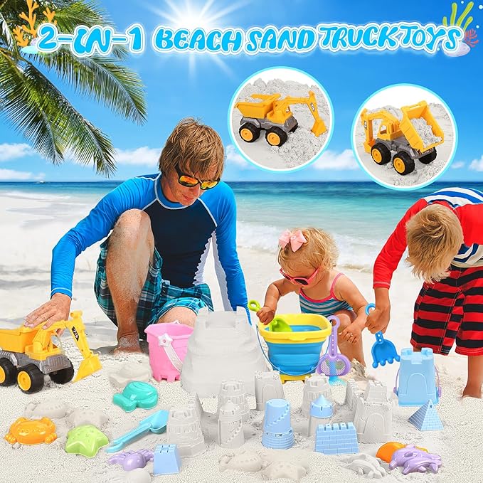 Beach Toys, Sand Toys with 2 in 1 Construction Vehicles, Collapsible Beach Bucket, Sand Castle Building kit, Sand Molds, Beach Shovel, Mesh Bag, Summer Toys for Kids Ages 4-8