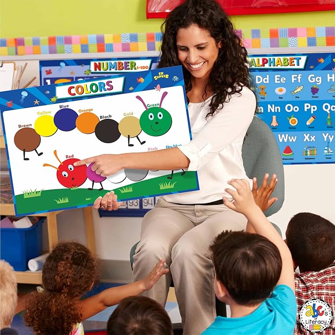 SK SUPKER 4Pack ABC Alphabet Chart + Numbers 1-100 + Shapes + Colors Poster Set, Toddler Educational Learning Posters Kindergarten Classroom Wall Decor Art (17 x 11inch)