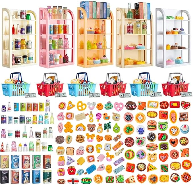 164pcs Miniature Supermarket Shelves Furniture Model 4 Layers Shelf Display Rack Doll House Accessory Storage Bookshelf Accessories Mini Locker Decor Food Drink Bottle Toy Cosplay Game Party