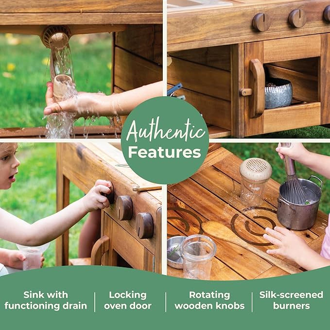 Guidecraft Acadia Kids' Outdoor Mud Kitchen Playset - Pretend Play Kitchen with Sink, Stove, and Accessories | Wooden Backyard Playset | Outdoor Play Furniture for Kids | Outdoor Toddler Activities