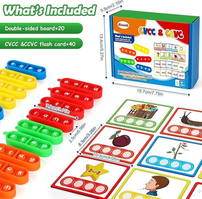 Aizweb CVCC & CCVC Word Game,Phonics Games Flash Cards for Preschool Kindergarten Classroom Supplies,Special Education Reading Manipulative Montessori Spelling Toy for Learning Activity Teacher School
