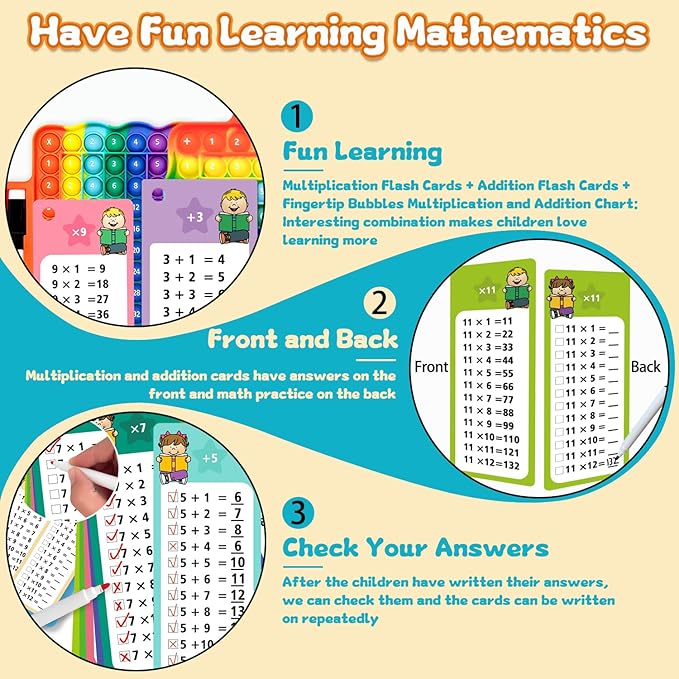 Addition Flash Cards+Multiplication Flash Cards + Fingertip Bubbles Toy, Interesting Math Combination, Math Games for Children Aged 3 +
