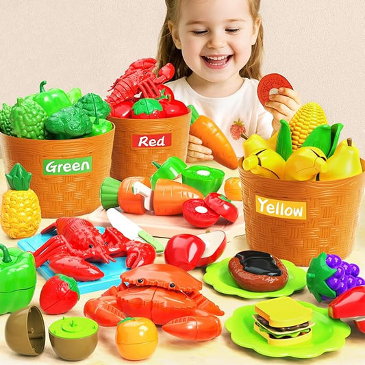 Toddler Toys Play Food Set, Learning Toy Cutting Food with Color Sorting Basket, Pretend Play Kitchen for Toddler 1-3 Preschool Learning Activities Montessori Toys for 1 2 3 Year Old Toddlers Kids