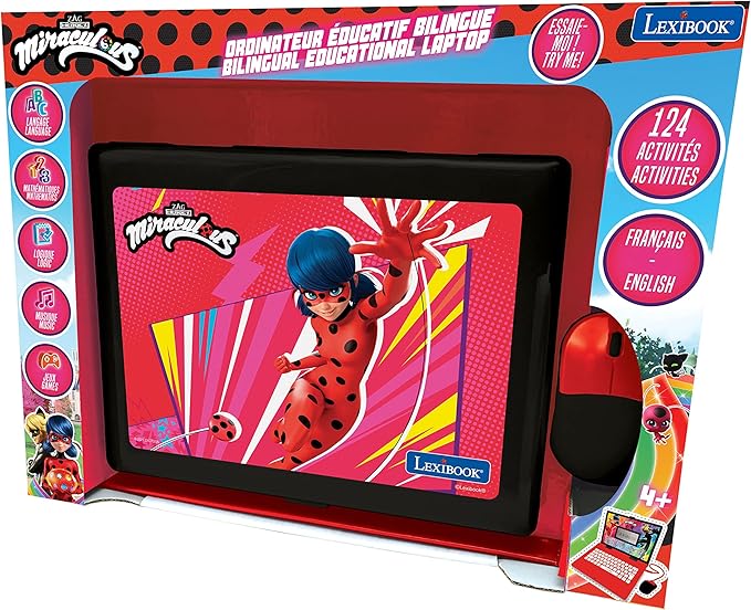 LEXiBOOK Miraculous - Educational and Bilingual Laptop English/Spanish - Toy for Child Kid (Boys & Girls) 124 Activities, Learn Play Games and Music with Ladybug - Red/Black JC598MIi2