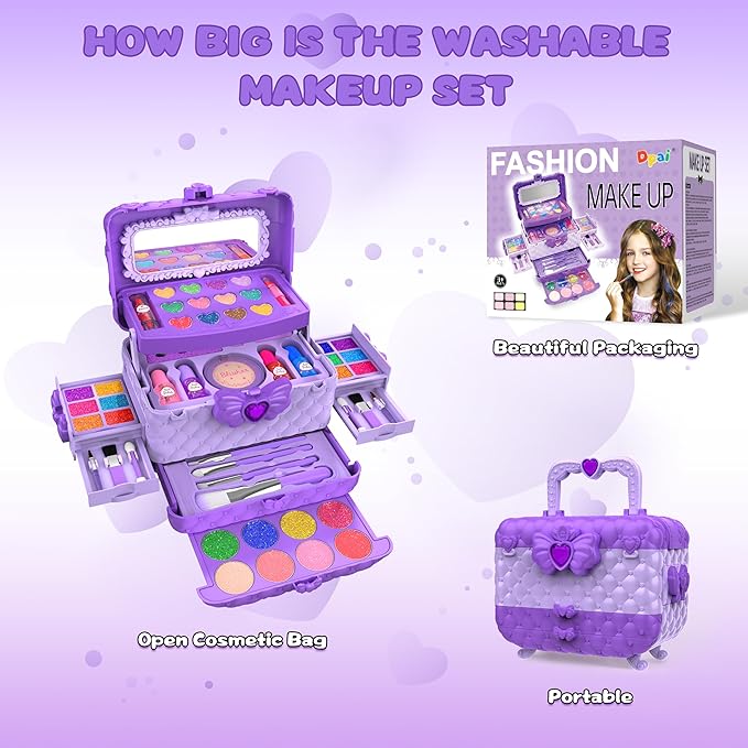 54 Pcs Kids Makeup Kit for Girls, Princess Real Washable Pretend Play Cosmetic Set Toys with Mirror, Birthday Gifts for 3 4 5 6 7 8 9 10 Years Old Girls Kids (Purple)