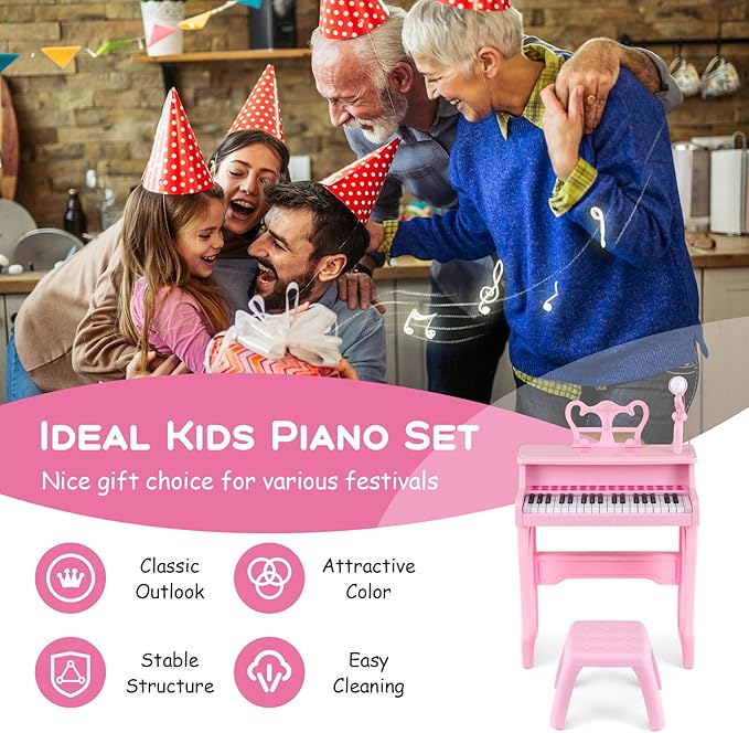 HONEY JOY Kids Piano, 37-Key Kids Keyboard Piano w/ Music Stand & Bench, Gift for Babies w/ Microphone, Portable Electronic Educational Musical Instrument, for Girls Boys (Pink)