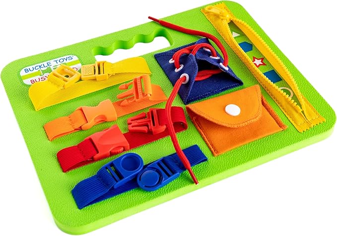 Buckle Toys Green Busy Board for 1 Year Old Toddlers Travel Essentials for Kids, Montessori Toys for 1 Year Old Baby to Develop Fine Motor Skills, Great for Road Trip Activities for Kids Sensory Toy