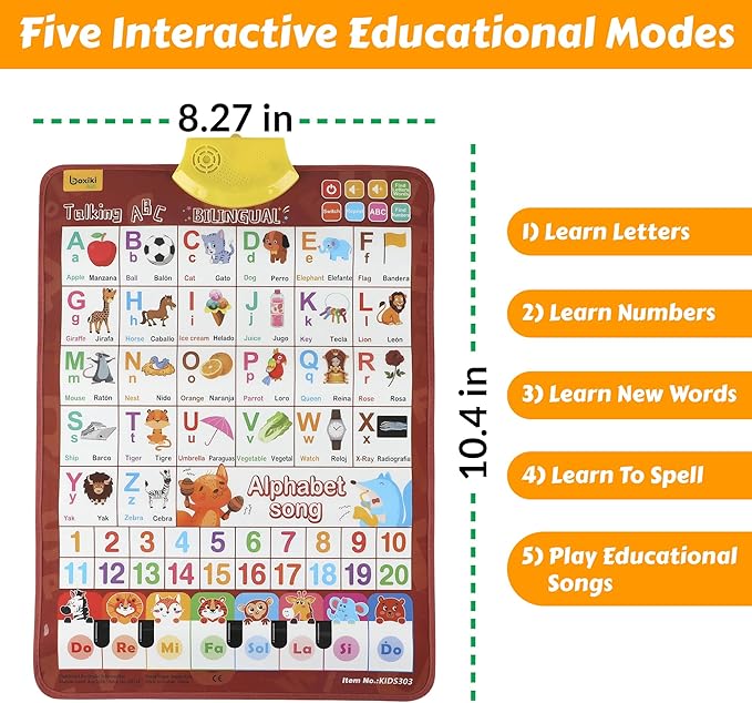 Bilingual English & Spanish Learning Interactive Alphabet Wallchart - Includes Talking ABC, 123s & Music Poster - Educational Kids Learning Toy, Educational Gift for 3+ Years Old Girls & Boys