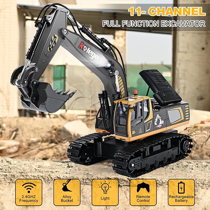kolegend Remote Control Excavator Toy 16 Inch, 9 Channel RC Construction Vehicles Hydraulic Haulers Digger Toys Gift for 6 7 8 9 10 Years Old Kids Boys