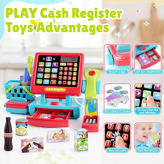 PLAY Kids Cash Register Toy Supermarket with Register Pretend Play Calculator Register Toys with Scanner/Microphone/Credit Card/Conveyors/Cans/Drink/Play Money, Cash Register for Kids Ages 3+