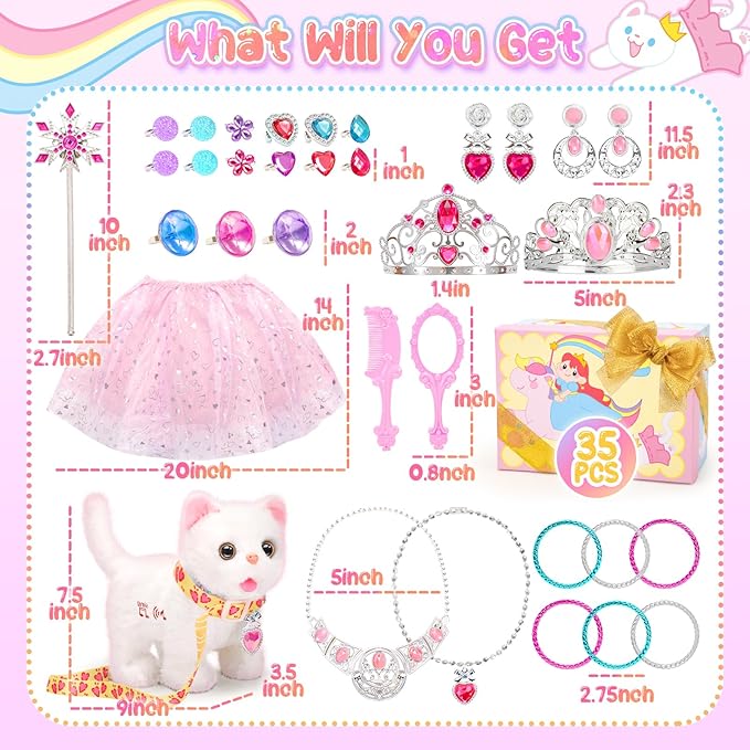 Tagitary Plush Toys Walking Cat Repeats What You Say,Stuffed Interactive Cat Talking Singing Toys with Princess Dress Up Accessories Jewelry Toys,Christmas Birthday Gift Party Favors for Kids