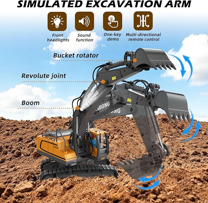 Remote Control Excavator Toy RC Play Excavator Construction Vehicles, 11CH 2.4Ghz RC Sand Digger with Metal Shovel & Light, Construction Truck Toys for Boys 3 4 5 6 7 8-12 Year Old Kids Birthday Gifts