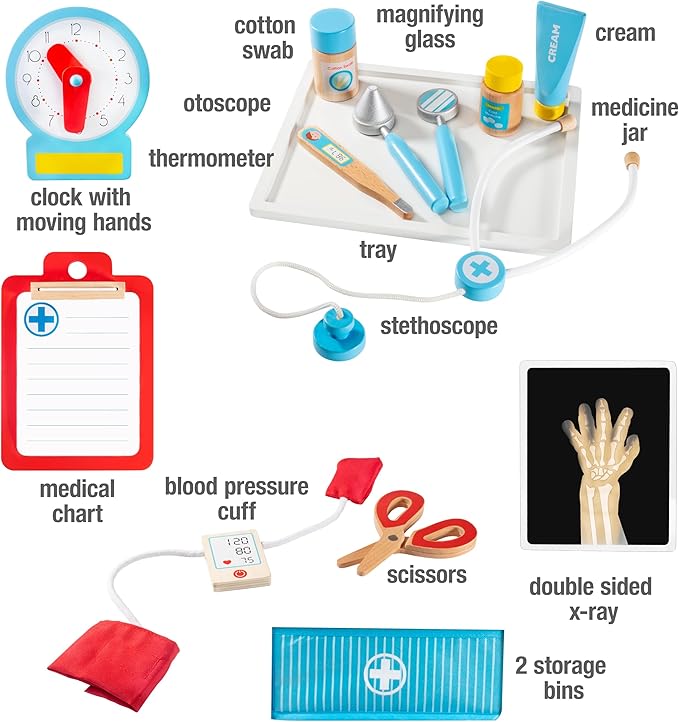Get Well Doctor Wooden Activity Center- Kids Pretend Play Medical Playset w Waiting Room- 16 Accessories, Dual Sided, Office Checkup Kit, X-Rays, Blood Pressure Cuff- Boys Girls Roleplaying Xmas Gift