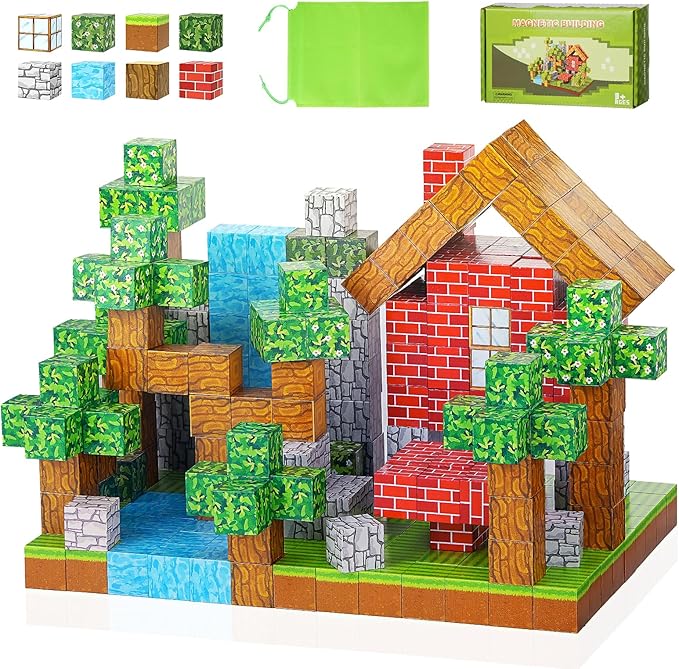 Hayder 100PCS Build Mine Forest World Magnetic Building Blocks Craft Set, Stacking Magnet Cubes STEM Construction Montessori Sensory Toys for Kids Boys Girls 3+